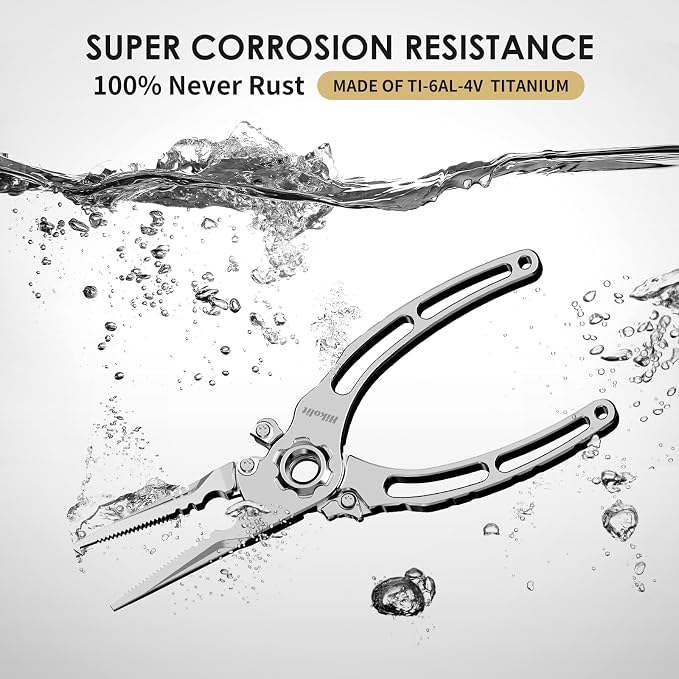 7.5” Titanium Fishing Pliers, Saltwater Fishing Pliers with Leather Sheath and lanyard, Never Rust Hook Remover and Split Rings, Fishing Gifts for Man