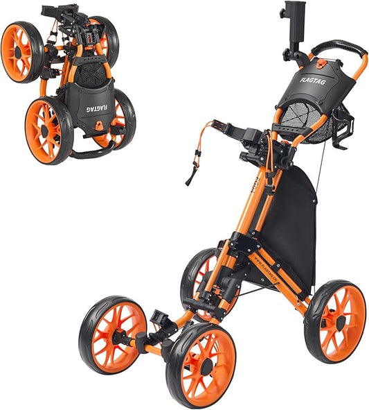 FLAGTAG Golf Push Cart 4-Wheels,Folding Golf Cart, Golf Pull cart with Cup Holder,Umbrella Holder,Cooler Bag, Foldable with one-Click,Handle Height Adjustable,Drink Holder,Walking Push cart