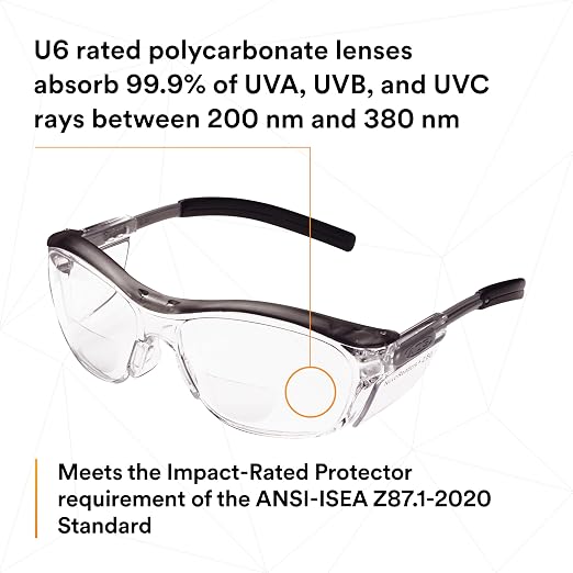 3M Safety Glasses with Readers, Nuvo Protective Eyewear, +2.5, ANSI Z87, Gray Frame, Clear Lens, Soft Nose Bridge, Side Shields