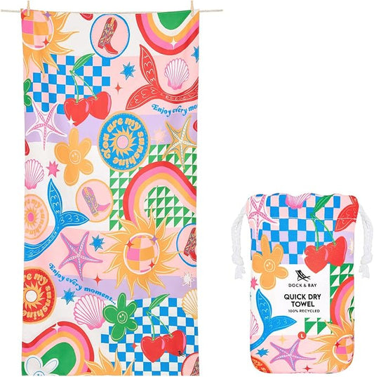 Dock & Bay Kid's Towel - Quick Dry, Sand Free - Compact, Lightweight - 100% Recycled - Includes Bag - Good Vibes Club - Large (160x90cm, 63x35)