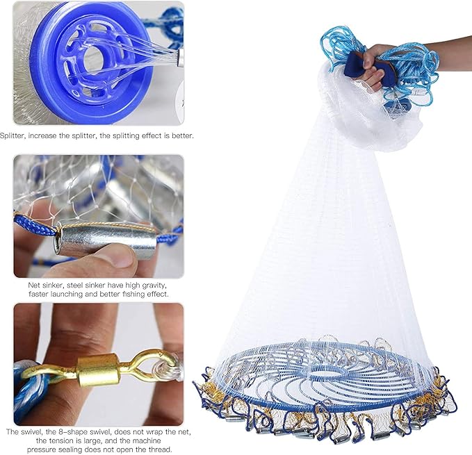 Lawaia Throw Net Saltwater Fishing Cast Net Casting Nets Throw Hand Fishing Net Monofilament Size 4FT/ 5FT/ 6FT/ 7FT/ 8FT/ 9FT/ 10FT/ 11FT/ 12FT Radius