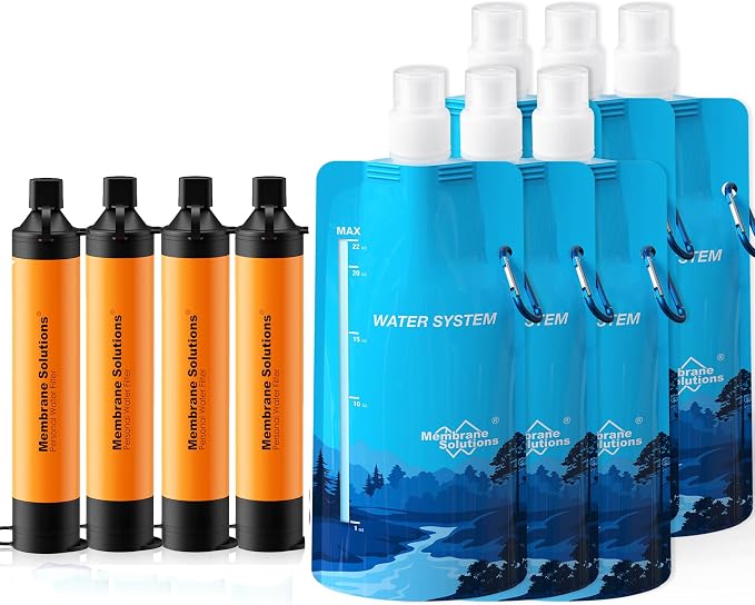Membrane Solutions Squeezable Water Filtration System, Survival Water Purifier Kit, Portable Backpacking Gear Including Water Filter Straw and 23oz Collapsible Bottle for Hiking Camping Travel(4+6)