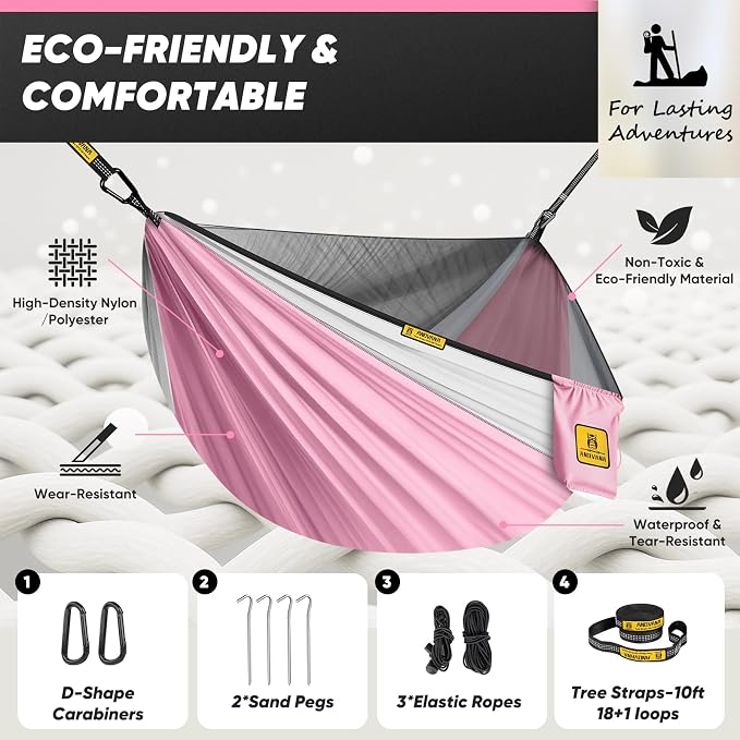Kids Camping Hammock with Mosquito Net, 450 lbs Portable Hammock with Tree Straps, 2-in-1 Double/Single Travel Hammocks for Children, Hammock for Outside/Indoor/Backpacking/Beach - Pink & White