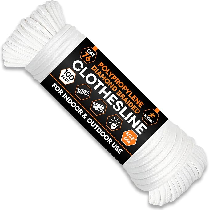 Xpose Safety Diamond Braided Clothesline Rope 6/32" x 100 ft, White Polypropylene Heavy Duty Braided Cord for Clothesline, Camping, Tents, Flagpole, Hoist, Pulley & Outdoor Use, 1 Pack