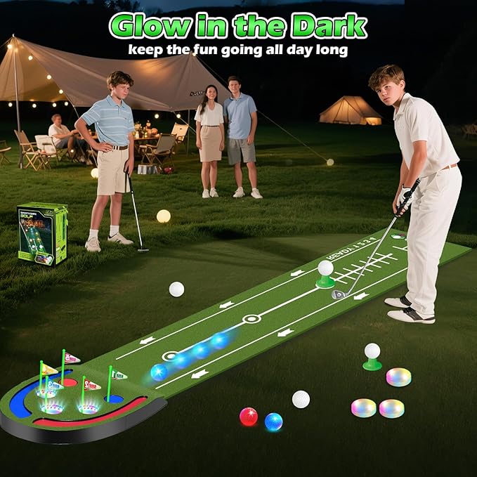 TERRAMUS Upgraded Golf Putting Mat for Kids, Putting Green with LED Light up Holes, Glowing Balls, 2 Clubs, Toy Golf Set, Golfing Mats Indoor Outdoor, Sport Game Golf Gift for for Kids Teens Family