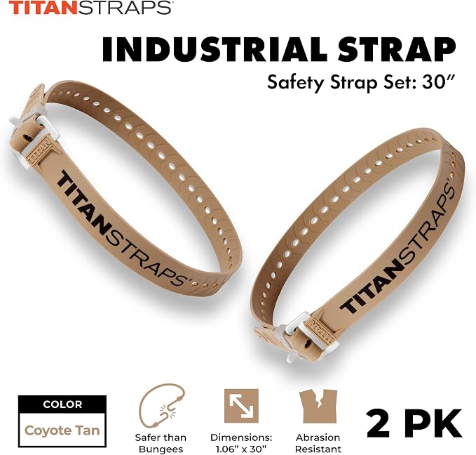 Titan Industrial Straps – Safety Strap Set to Secure Splits, Cargo Bikes, Garden Hoses, Wood Working Projects – 70 lb. Working Load, 30" Length, 2-Pack Coyote Tan