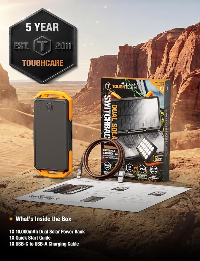 ToughTested 10,000mAh Solar Power Bank - Dual Foldable Solar Panels, 18W PD Fast Charging Portable Charger, IP44 Waterproof Battery Pack with 18 LED Flashlight - Essential Camping & Travel Gear