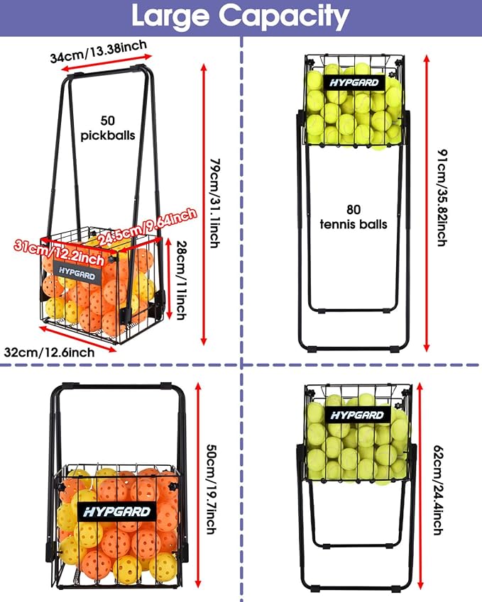 Pickleball & Tennis Ball Hopper, Sports Balls Teaching Cart, Portable Lightweight Softball Caddy, Large Capacity Baseball Basket Carrier for Training