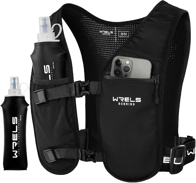 WRELS Running Vest for Women Men,Lightweight Reflective Hydration Vest with TPU 500ml Soft Flask,Adjustable Chest Straps Phone Pocket for Running Marathon