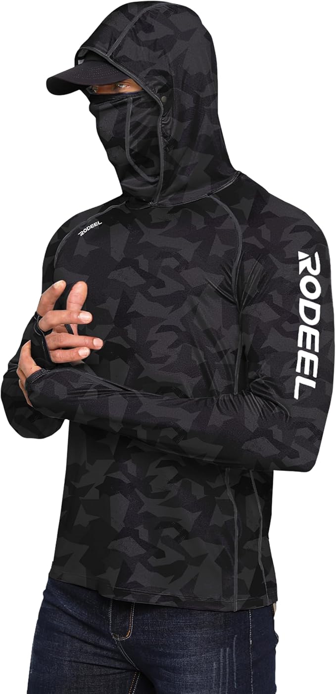 Rodeel Men's UPF 50+ Performance Fishing Hoodie, Long Sleeve Sun Protection Athletic Quick-Dry Breathable T-Shirt