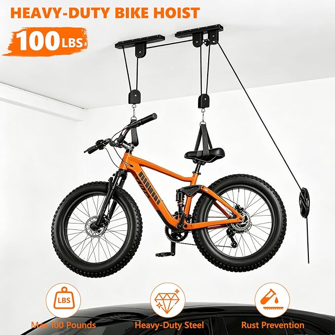 Bike Hoist,Ceiling Mount Bike Hanger,Heavy Duty Bike Hangers for Garage,Bike Pulley System for Garage,Holds Up to 100 lbs,Ceiling Bike Hanger for Ebike,Road Bike,Fat Tire,Snowboard(2 Pack)