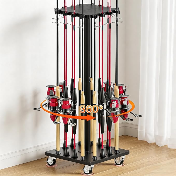 Fishing Rod Holders for Garage 360° Rotating Fishing Pole Rack, Floor Stand Holds up to 16 Poles Fishing Gear Equipment Storage Organizer, Fishing Gifts for Men Women, Black