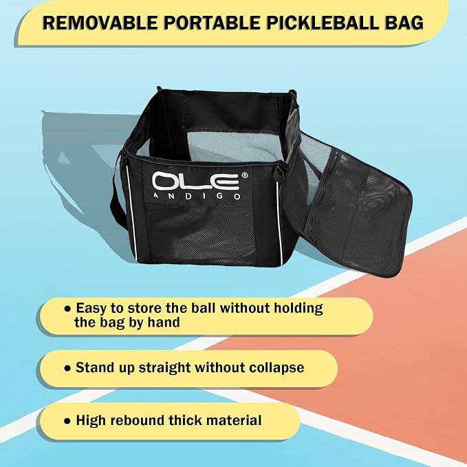 Pickleball Cart with Wheels, Foldable Tennis Ball Hopper Holds 180 Pickleballs or 210 Tennis Balls, Portable Ball Caddy with Side Storage Bag for Pickleball Training