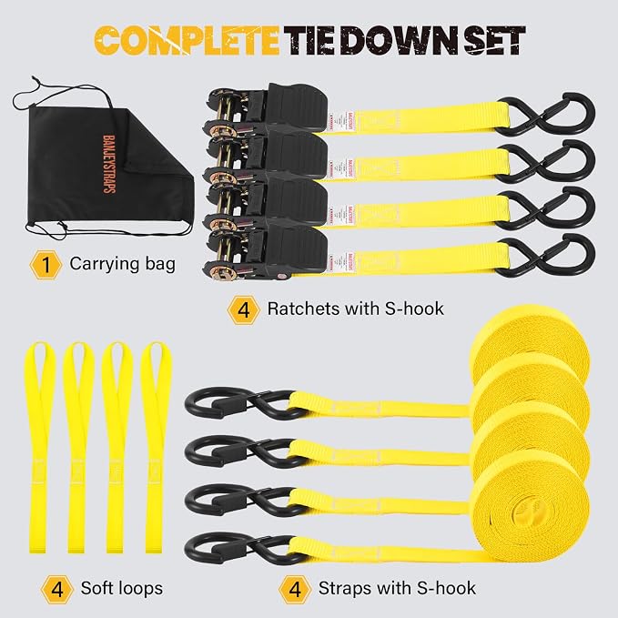 1" x 12' Heavy Duty Ratchet Straps (4-Pack) - 1,750lb Break Strength Yellow Tie Down Straps for Moving, Appliances, Furniture, Motorcycle, Truck & Trailer
