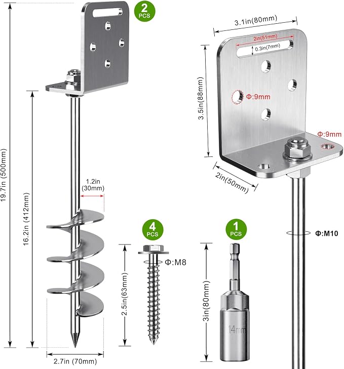 BeneLabel 2/4/6 Pack 18" 24" Ground Anchors Screw in Shed Anchor with L Bracket Trampoline Anchor Spiral Swingset Anchors for Swing Set, Mobile Home, Fence, Playset, Tent, Canopy, Carport