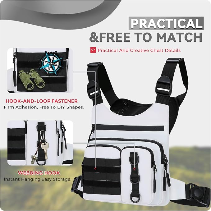 Criuage Outdoor Chest Bag for Men, Lightweight Adjustable Running Vest, Water Resistant EDC Chest Pack with Water Bottle Pocket, Breathable Back Pad for Hiking Cycling Fishing Travel (White)