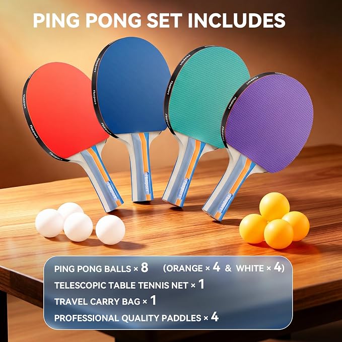 FBSPORT Ping Pong Paddle Set, Table Tennis Set with 4 Rackets and 8 Balls, Retractable Net with Storage Bag - Pingpong Paddle Accessories for Indoor/Outdoor Games