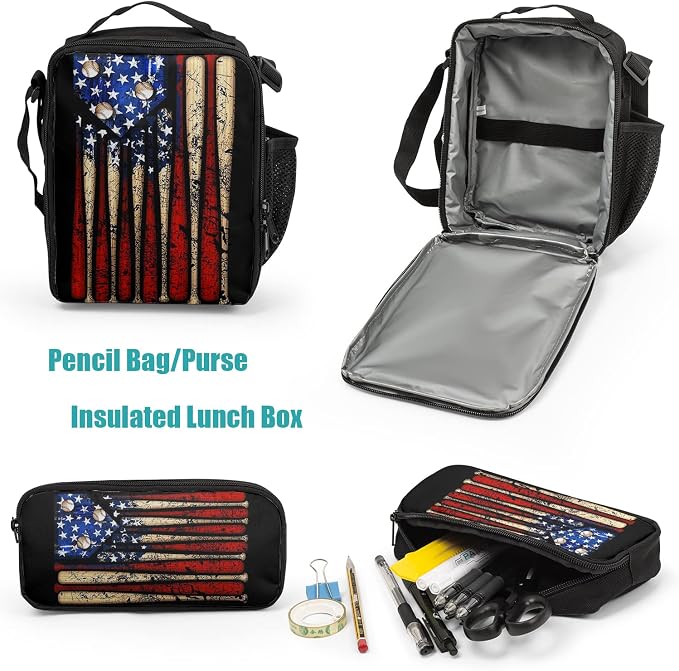 Giwawa American Flag Baseball School Backpack Set Lightweight Teen Girls Women Kids School Bags College Bookbag with Lunch Bag