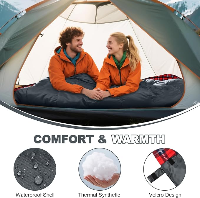 Cotton Flannel Double Sleeping Bag for Camping, Backpacking Or Hiking. Queen Size 2 Person Waterproof Sleeping Bag for Adults Or Teens. Lightweight with Compression Sack