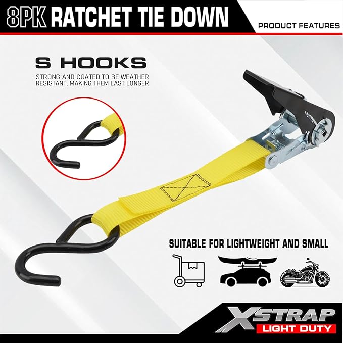XSTRAP STANDARD 8-Pack Ratchet Tie Down Straps, 1" x 10ft, 900lb Break Strength Heavy Duty Straps for Motorcycles, ATVs, Lawn Equipment, Appliances & Truck Cargo - Yellow
