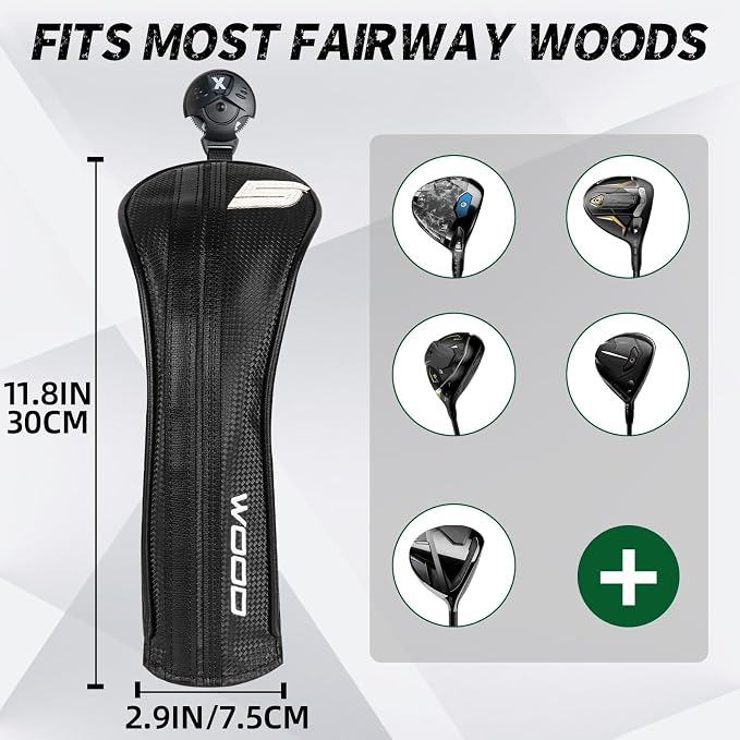 Golf Club Head Covers for Driver Fairway Woods Hybrid, Premium PU Leather Golf Head Covers with Carbon Fiber Pattern, Interchangeable Number Tags, Waterproof Golf Club Covers Set for Men Women