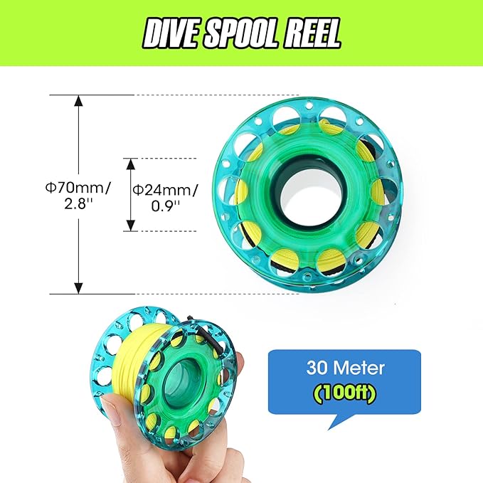 Surface Marker Buoy Set, 6ft Hi-Visibility Inflatable Closed Bottom Signal Tube Safety Sausage with 100ft/30m ABS Finger Spool Reel and Snap Kit for Underwater Scuba Diving