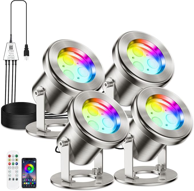 LyLmLe LED Pond Lights with APP Control, 6W SS316 Stainless Steel RGB Underwater Fountain Light with 12V Transformer, IP68 Waterproof Outdoor Underwater Lights for Pond Waterfall, Black Wire(4-Spots)