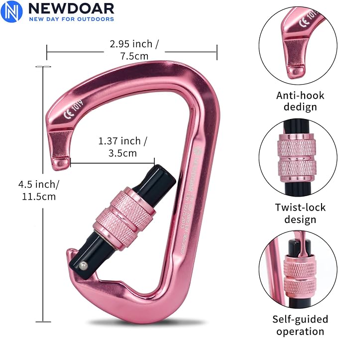 NewDoar CE Certified 30kN-6744lbs Climbing Carabiner Professional, Heavy Duty D Screwgate Clip, for Climbing,Rappelling,Hunting, Rescue