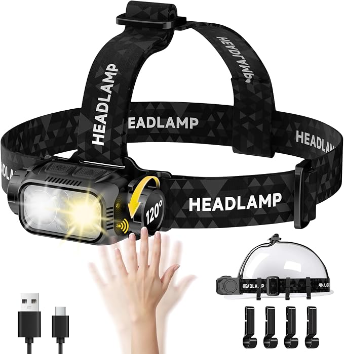 Rechargeable Headlamp Super Bright High Lumens, LED Head Lamp with 5 Modes, Detachable, 120° Adjustable Head Lights for Forehead, Waterproof Hard Hat Headlamp for Adults Camping Hunting Hiking