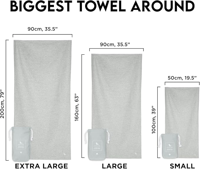 Dock & Bay Beach Towel - Quick Dry, Sand Free - Compact, Lightweight - 100% Recycled - Includes Bag - Essential - Mountain Grey - Large (160x90cm, 63x35)