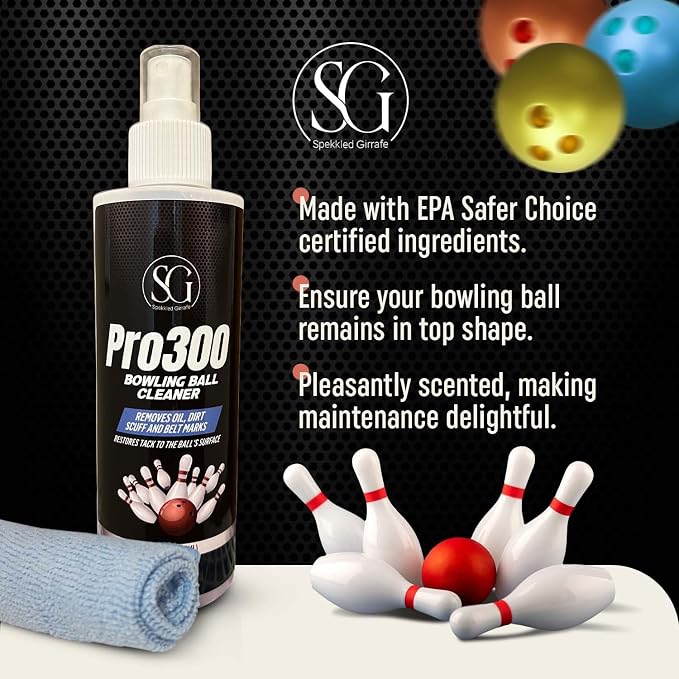 Dual-Action Cleaner Spray for Bowling Balls & Pickleball Paddles – Removes Dirt, Oil, Residue & Scuffs – EPA Safer, 8 FL Oz w/Cloth & Tape