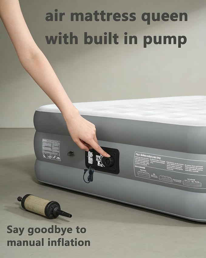 air Mattress Queen with Built in Pump – 18-Inch Thickened Inflatable Mattress for Easy Travel, Supports Up to 650 Pounds Pounds (Dark Gray, Queen)