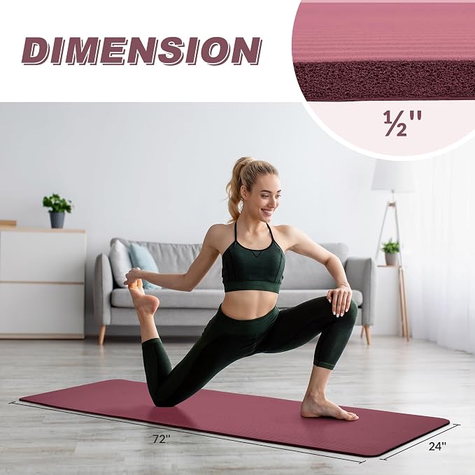 Signature Fitness Extra Thick High-Density Foam Yoga Mat – Multiple Thicknesses (1/2" & 1") / Multiple Colors – Double-Sided Non-Slip Surface – with Carrying Strap for Pilates, Yoga & Home Workouts