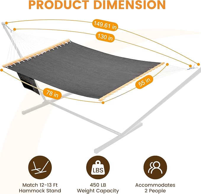 Lazy Daze Hammocks 11 FT Double Outside Hammock Quick Dry Olefin Fabric Hammock with Spreader Bar & Side Pocket for Outdoor Poolside Backyard 450 lbs Capacity, Black