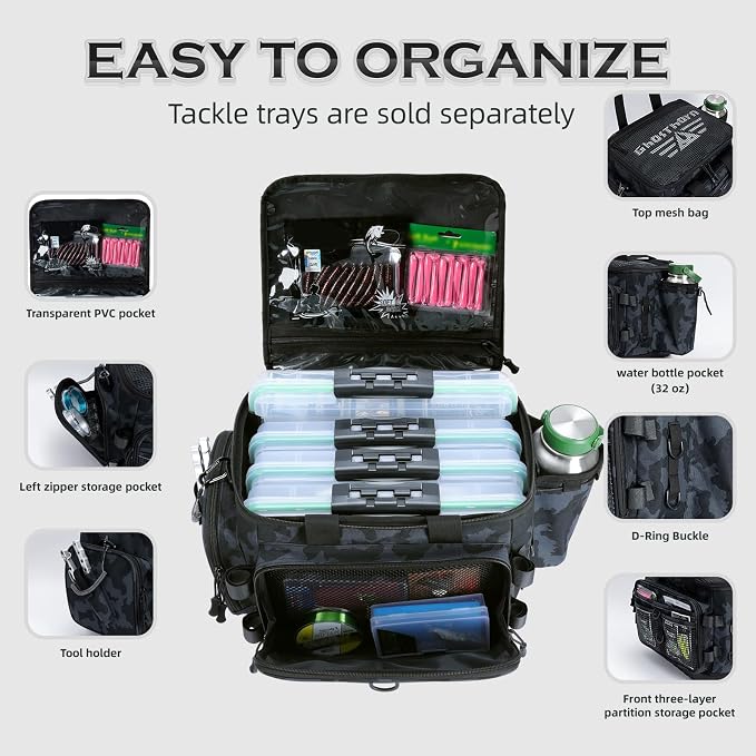 Ghosthorn Fishing Tackle Bag with Rod Holder Saltwater & Freshwater Resistant Tackle Box Bag - Adjustable Padded Shoulder Strap (Black Camouflage)