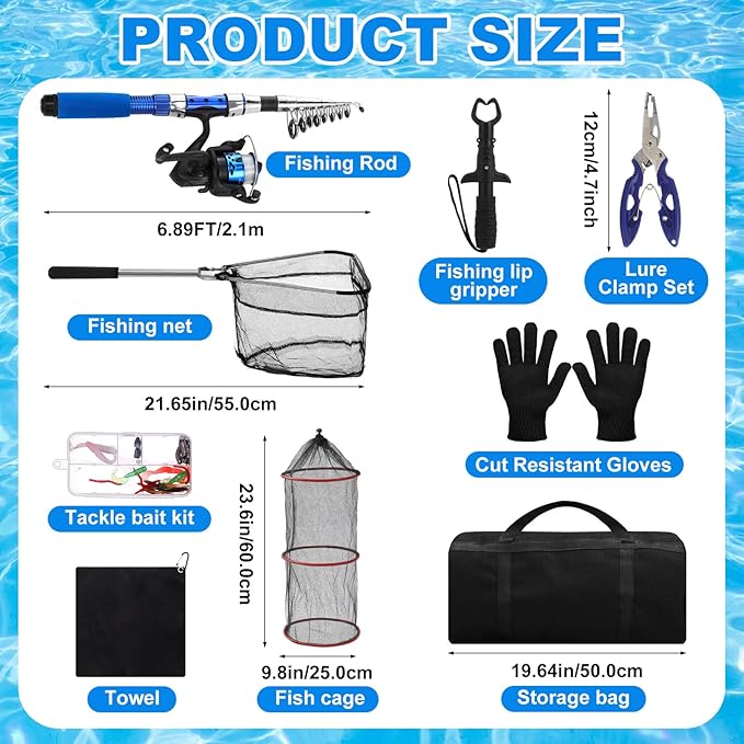 51 Pcs Fishing Rods Combo 6.89ft Telescopic Freshwater Pole Set with Plier Lip Gripper Lures Carrier Bag Pre Loaded Spinning Reel with Freshwater Rod Reel Kit Father Men Gift