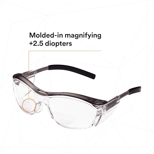 3M Safety Glasses with Readers, Nuvo Protective Eyewear, +2.5, ANSI Z87, Gray Frame, Clear Lens, Soft Nose Bridge, Side Shields
