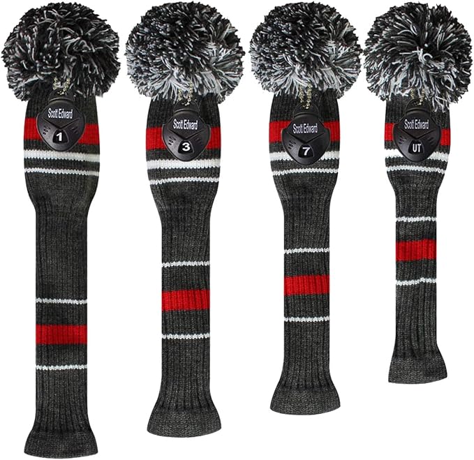 Scott Edward Golf Club Head Covers Set of 4, Acrylic Yarn Double-Layers Knitted, with Rotatable Number Tags