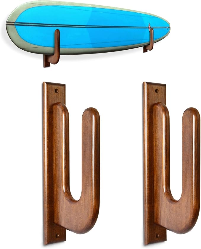 TESLYAR Surfboard Rack Holder Hooks Hard Wood Eco-Friendly Display Natural Finish Snowboard Wakeboard