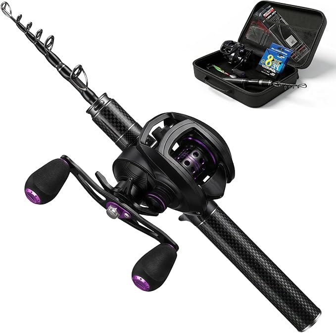 Left-Hand Bait Finesse System Telescopic Rod and Reel BFS Combo | Ultralight BFS kit with 5'10" UL carbon rod, left-hand baitcasting reel, 7g micro jigs, and deep-throat hook remover.