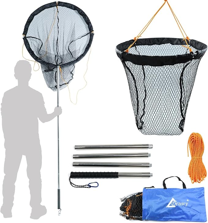 Drasry Large Collapsible Bridge Pier Fishing Net Landing Net with Rod, High Load Aluminum Ring Drop Net for Saltwater and Freshwater Pier Fishing Basket with 49.2 ft. Rope