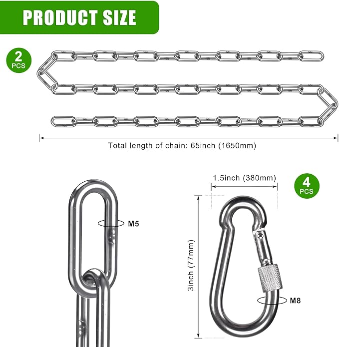2Pcs 65" (5.4 ft) 304 Stainless Steel Swing Chain 1000 LBs Capacity Porch Swing Chains with Hooks Hanging Chair Chains for Hammock Chair, Swingset, Punching Bag, Egg Chairs, for Indoor and Outdoor