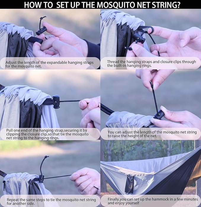 Camping Hammock with Mosquito Net,Lightweight 210T Nylon Hammocks,Portable Hammock with 10ft Tree Straps,Camping Gear Must Haves for Travel Hiking Backpacking Beach Patio-Black&Grey