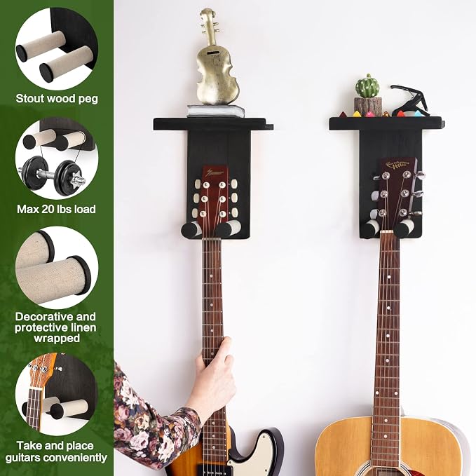 Keebofly Guitar Wall Mount 3-Pack - Rustic Wood Guitar Hanger with Pick Holder for Acoustic, Electric, Bass Guitars & Ukulele (Matte Black, Screw-Mounted) [Patented]