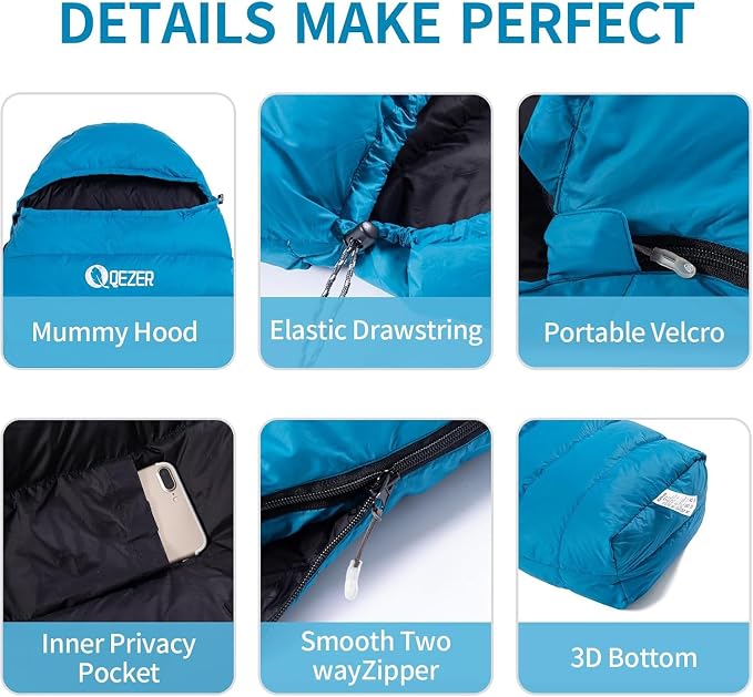 0 Degree Sleeping Bag for Adults 650 Fill Power Down Sleeping Bag for Cold Weather -20F / -8F / 0F / 10F Large Lightweight