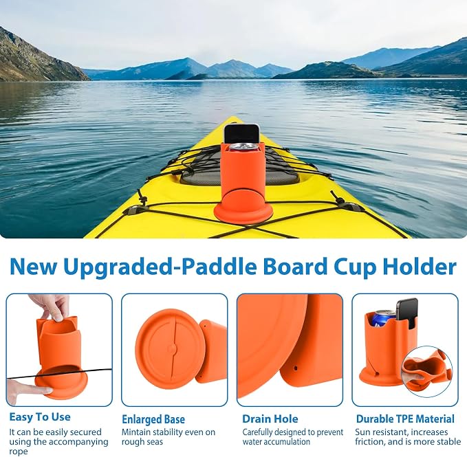 Paddleboard Cup Holder, Paddle Board and Kayak Drink Holder, 2-in-1 Drink & Phone Holder, Paddleboard Accessory for Surfboards, Canoes, SUPs, Kayaks, Boats (Orange)