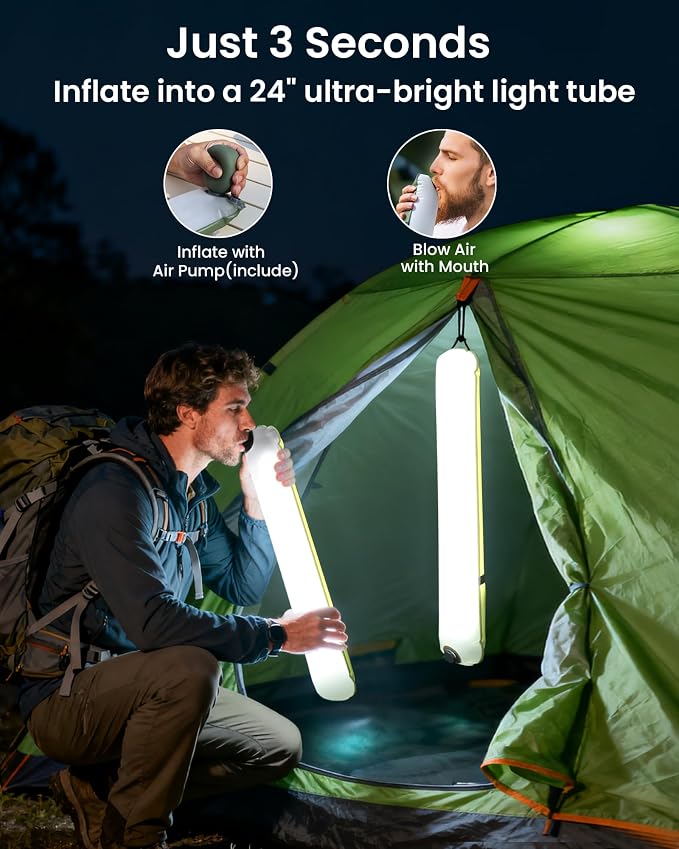 24" Inflatable Solar Camping Lantern,Magnetic LED Tube Light with USB-C 2000mAh Phone Charger,IP66 Waterproof TPU Tent Light for Hurricane Emergency,Backpacking & Off-Grid Survival (Green)