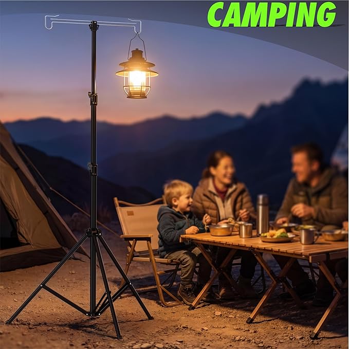 Telescopic Height Adjustable Camping Lantern Tripod Stand - 2-Hook Lantern Hanger for Outdoor Camping/RV/Tent