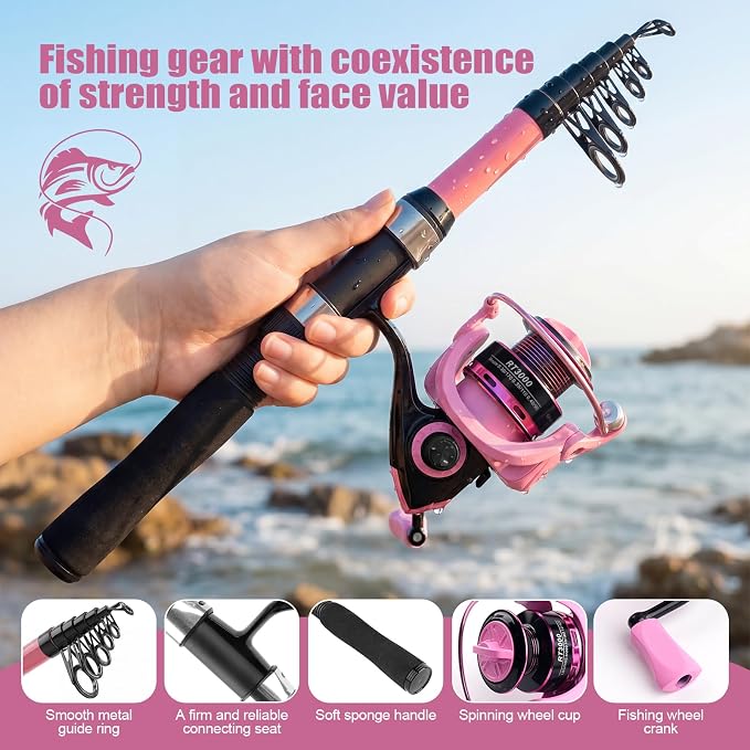 Fishing Rod and Reel Combo,2 Pcs 2.1M Telescoping Fishing Rod with Carrier Bag,Spinning Reels,2 Lines,Lures Baits,Suitable for Beginners Fishing Gifts for Men Women Saltwater Freshwater