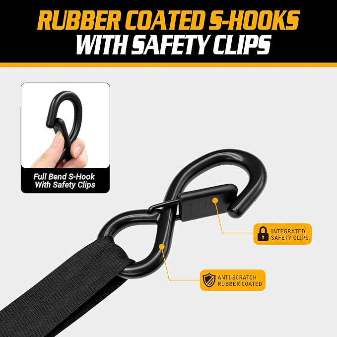 Retractable Ratchet Straps (4-Pack) - 1'' x 11.5' (1,800lb Break Strength) - Heavy Duty Auto Self Retracting Tie Down Straps for Truck, Cargo Trailer, Motorcycle, Rad & More - Black